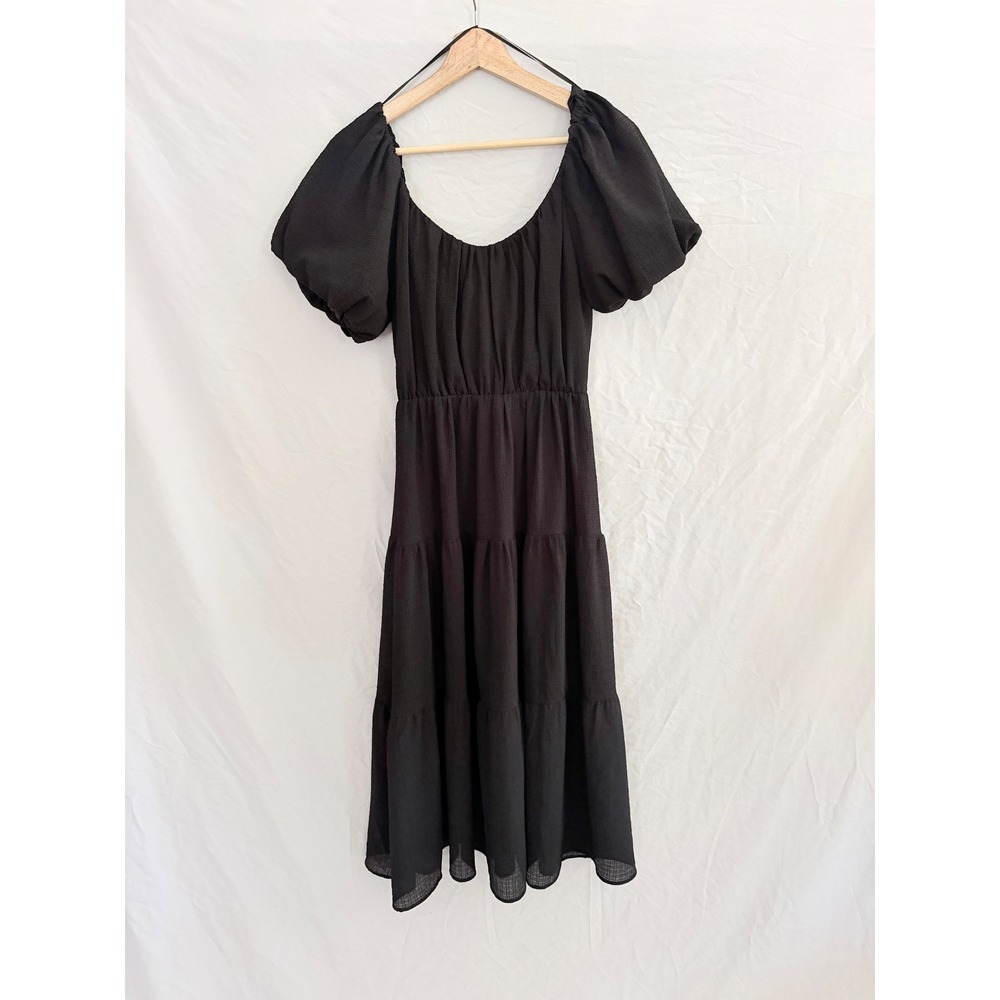 ASTR The Label Midi Dress Womens Black Puff Sleeve Tiered Crinkle XS